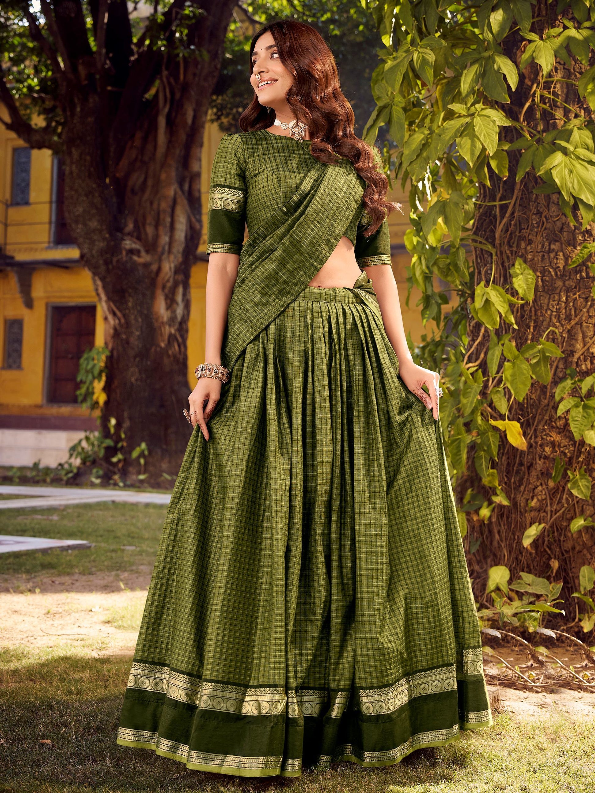Stunning Olive Green Zari Weaving Cotton Evening Wear Lehenga Choli With Dupatta