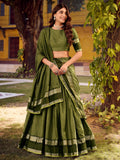 Stunning Olive Green Zari Weaving Cotton Evening Wear Lehenga Choli With Dupatta