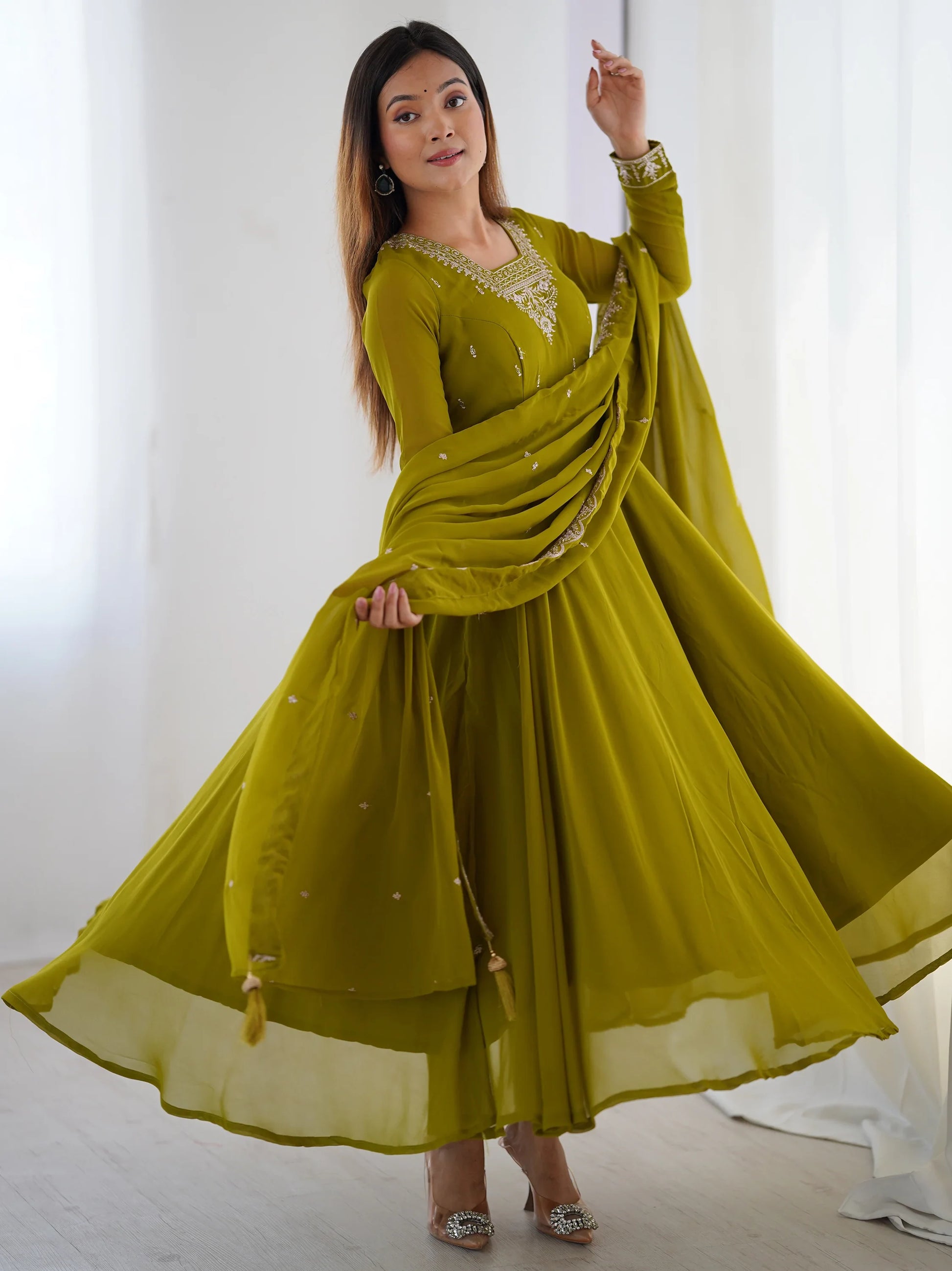 Stunning Olive Green Zari Work Georgette Mehendi Wear Pant Suit - Zeel Clothing