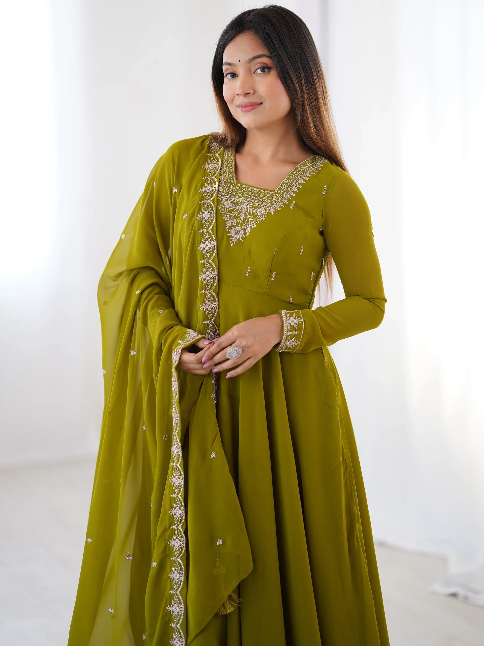 Stunning Olive Green Zari Work Georgette Mehendi Wear Pant Suit - Zeel Clothing