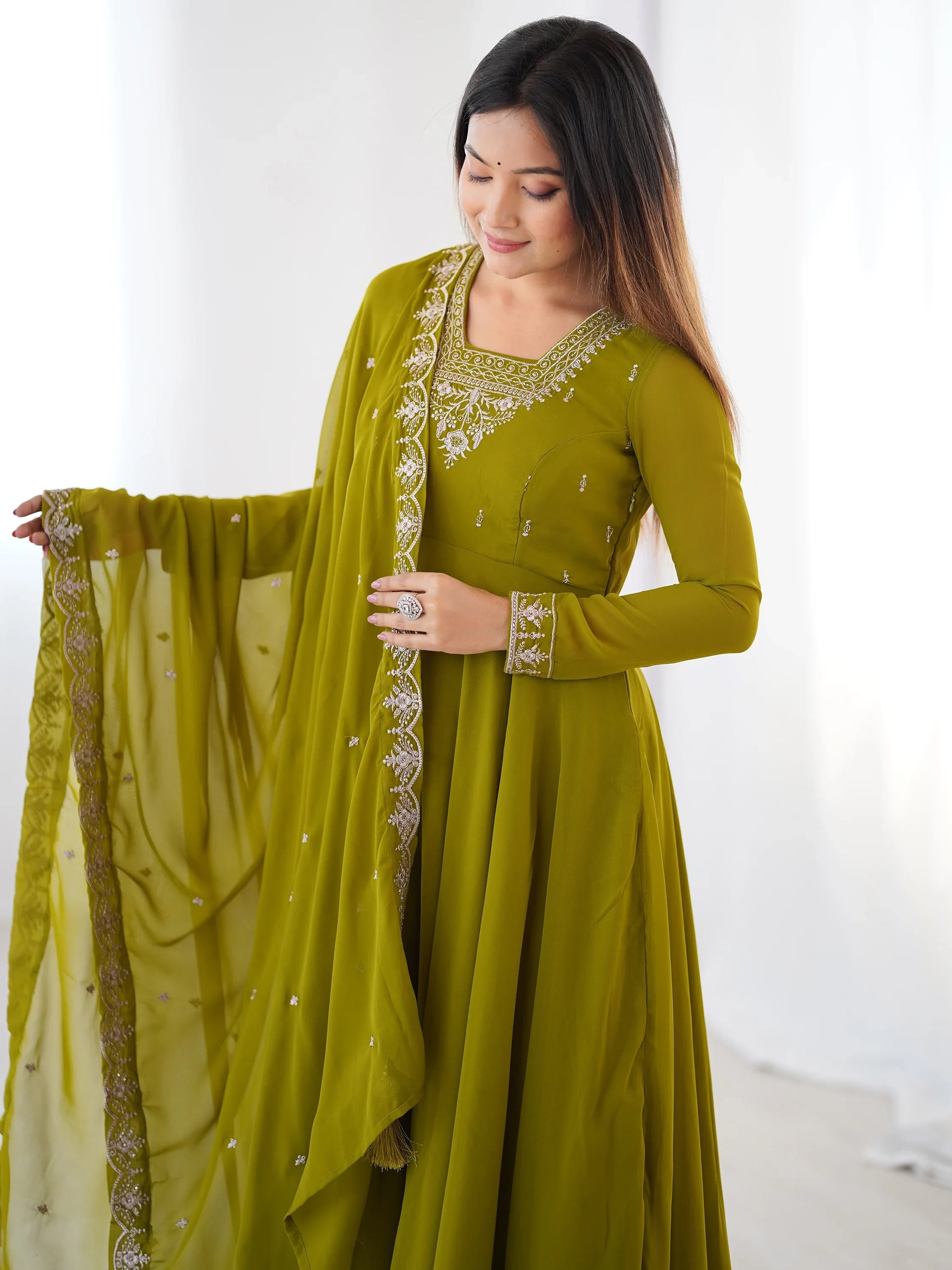 Stunning Olive Green Zari Work Georgette Mehendi Wear Pant Suit - Zeel Clothing