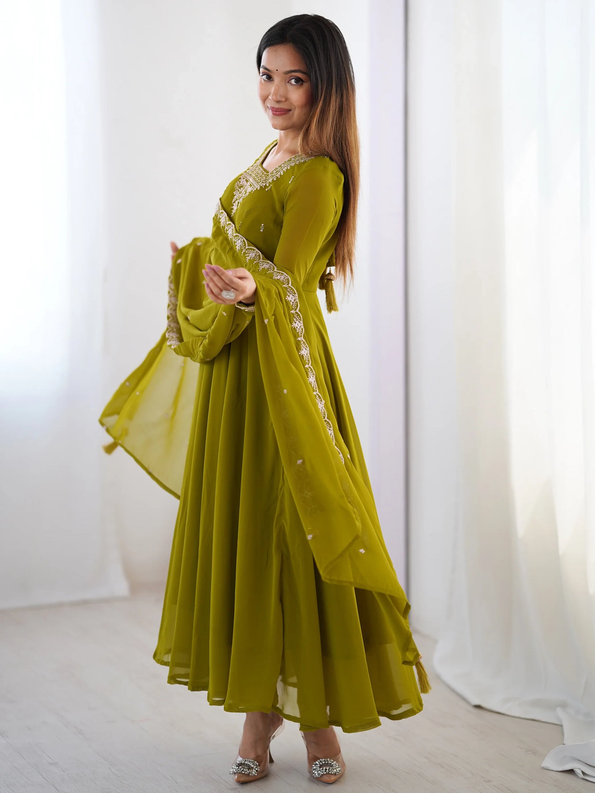 Stunning Olive Green Zari Work Georgette Mehendi Wear Pant Suit - Zeel Clothing