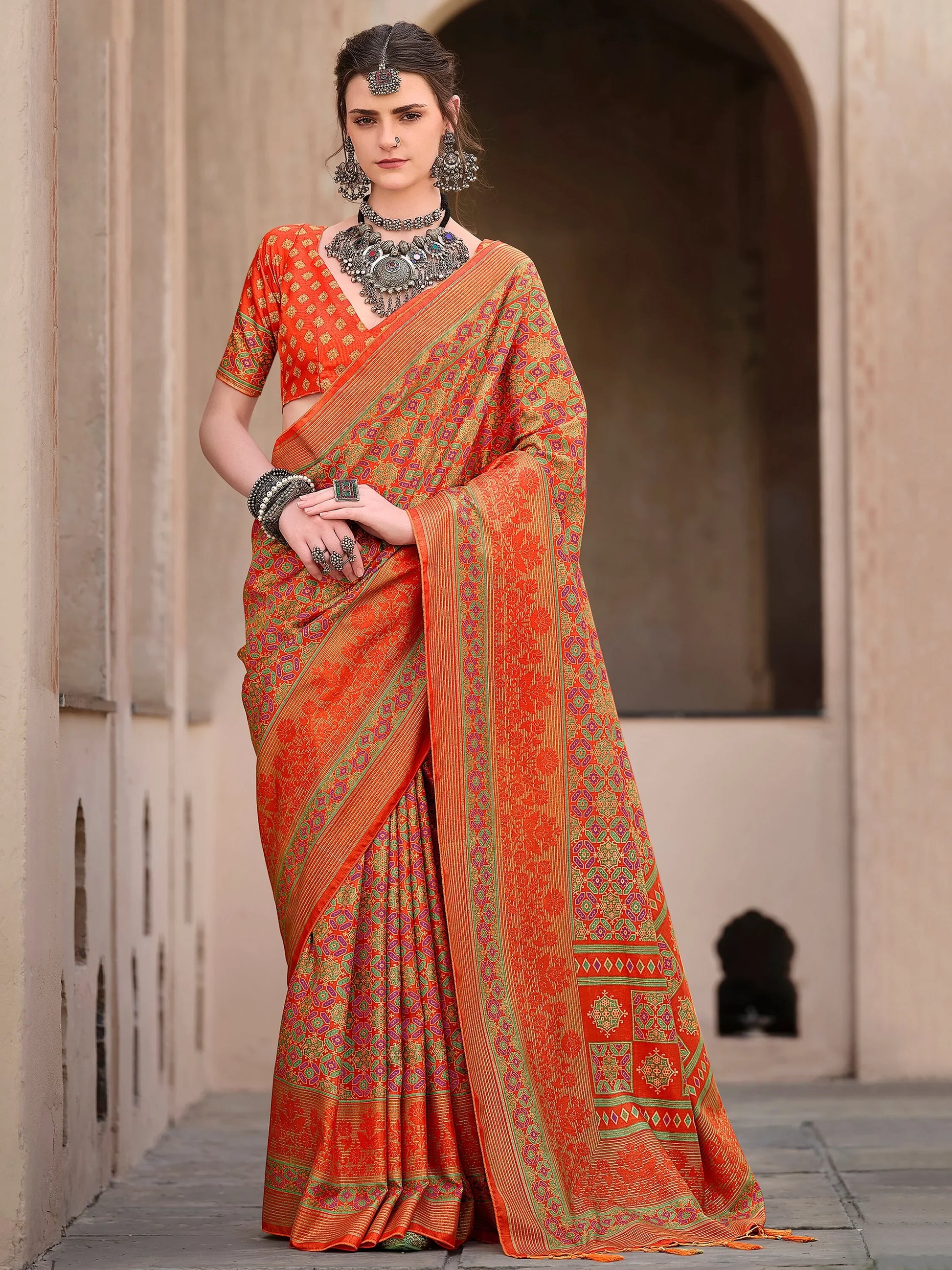Stunning Orange Digital Printed Silk Festival Wear Saree With Blouse - Zeel Clothing