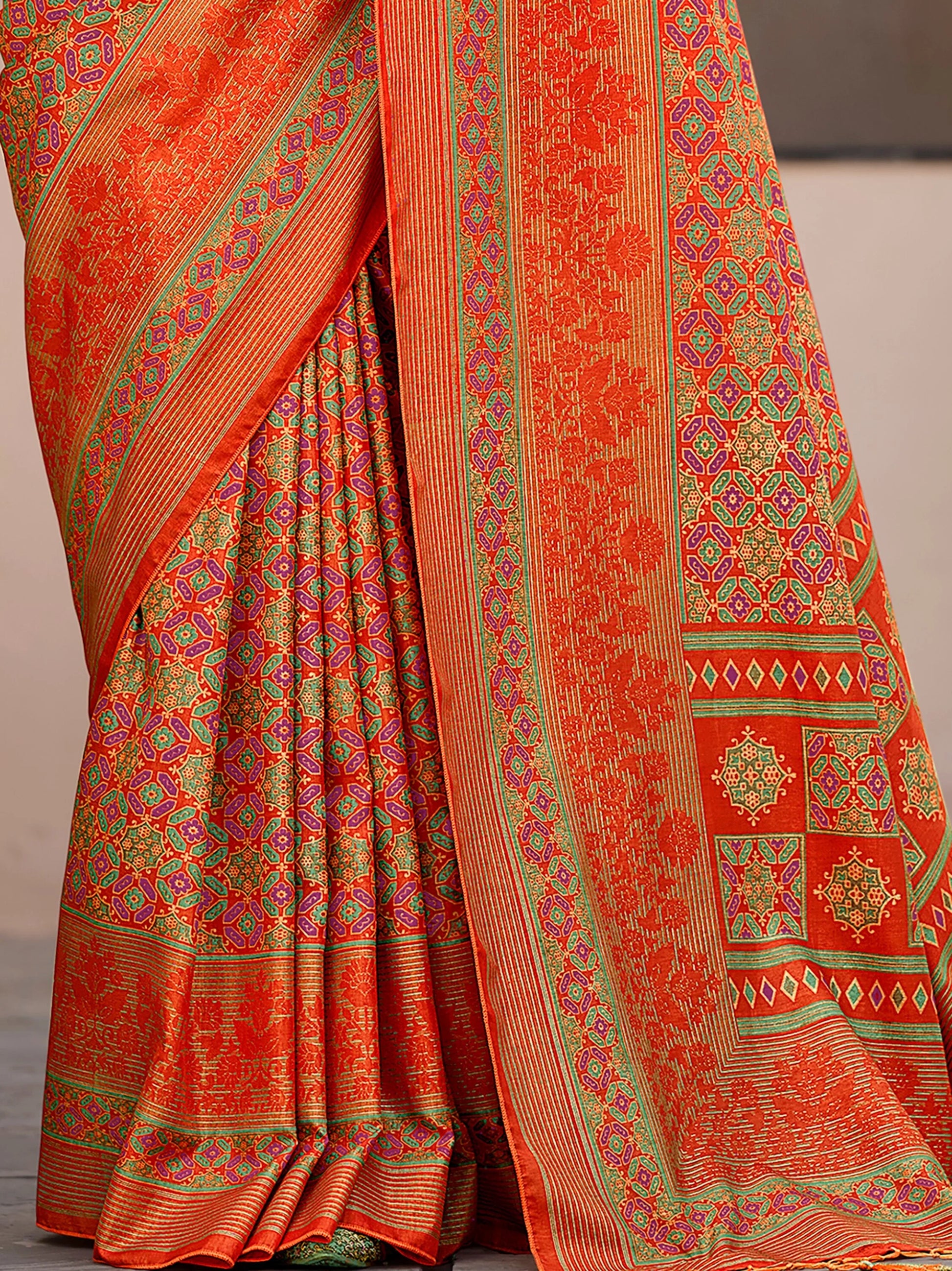 Stunning Orange Digital Printed Silk Festival Wear Saree With Blouse - Zeel Clothing