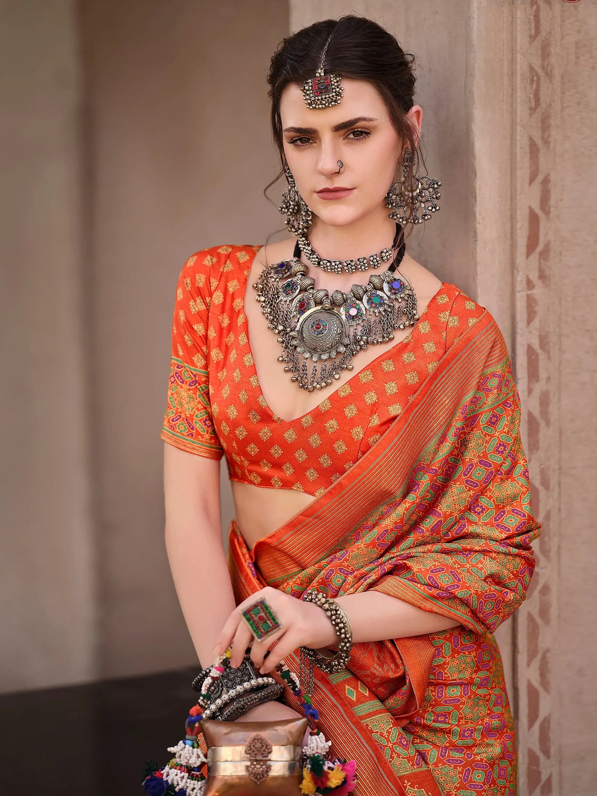 Stunning Orange Digital Printed Silk Festival Wear Saree With Blouse - Zeel Clothing