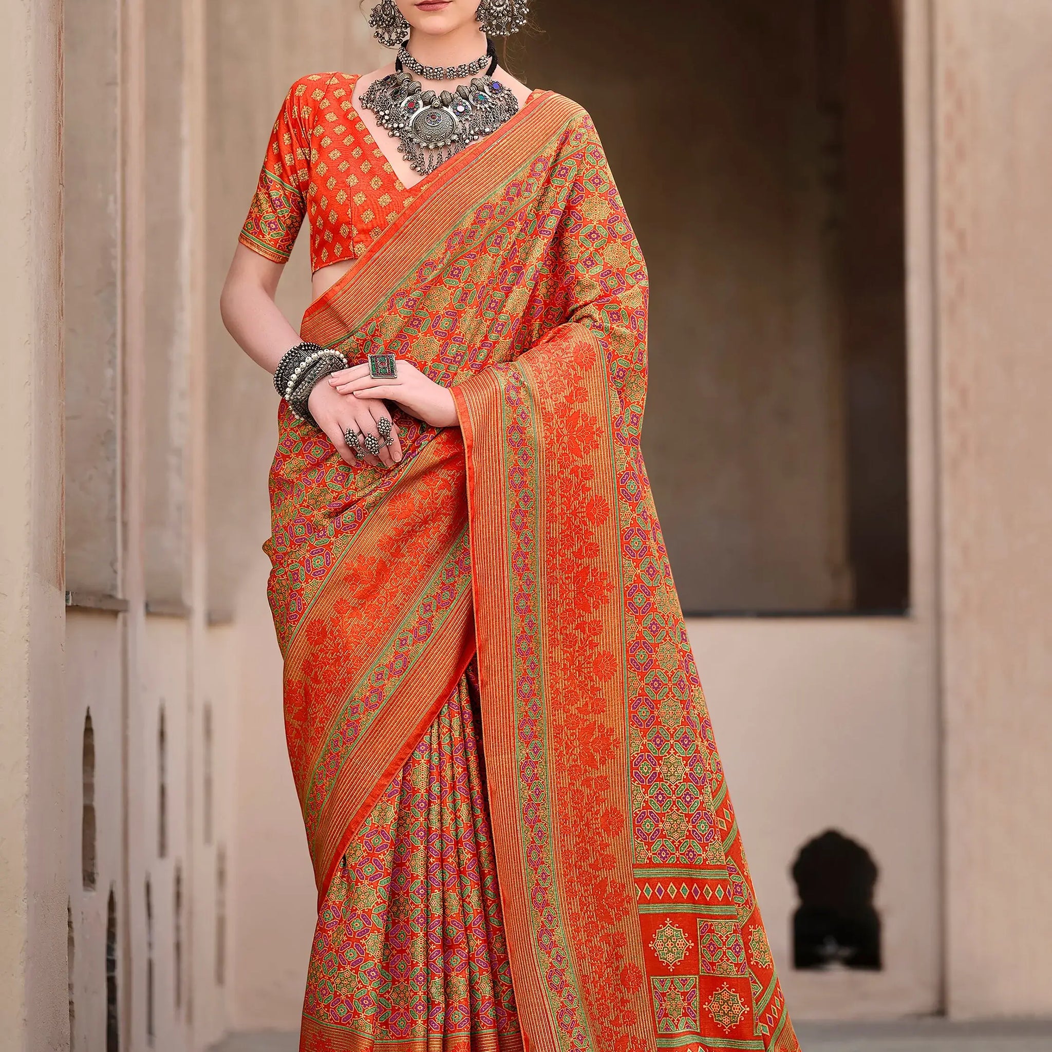 Stunning Orange Digital Printed Silk Festival Wear Saree With Blouse - Zeel Clothing