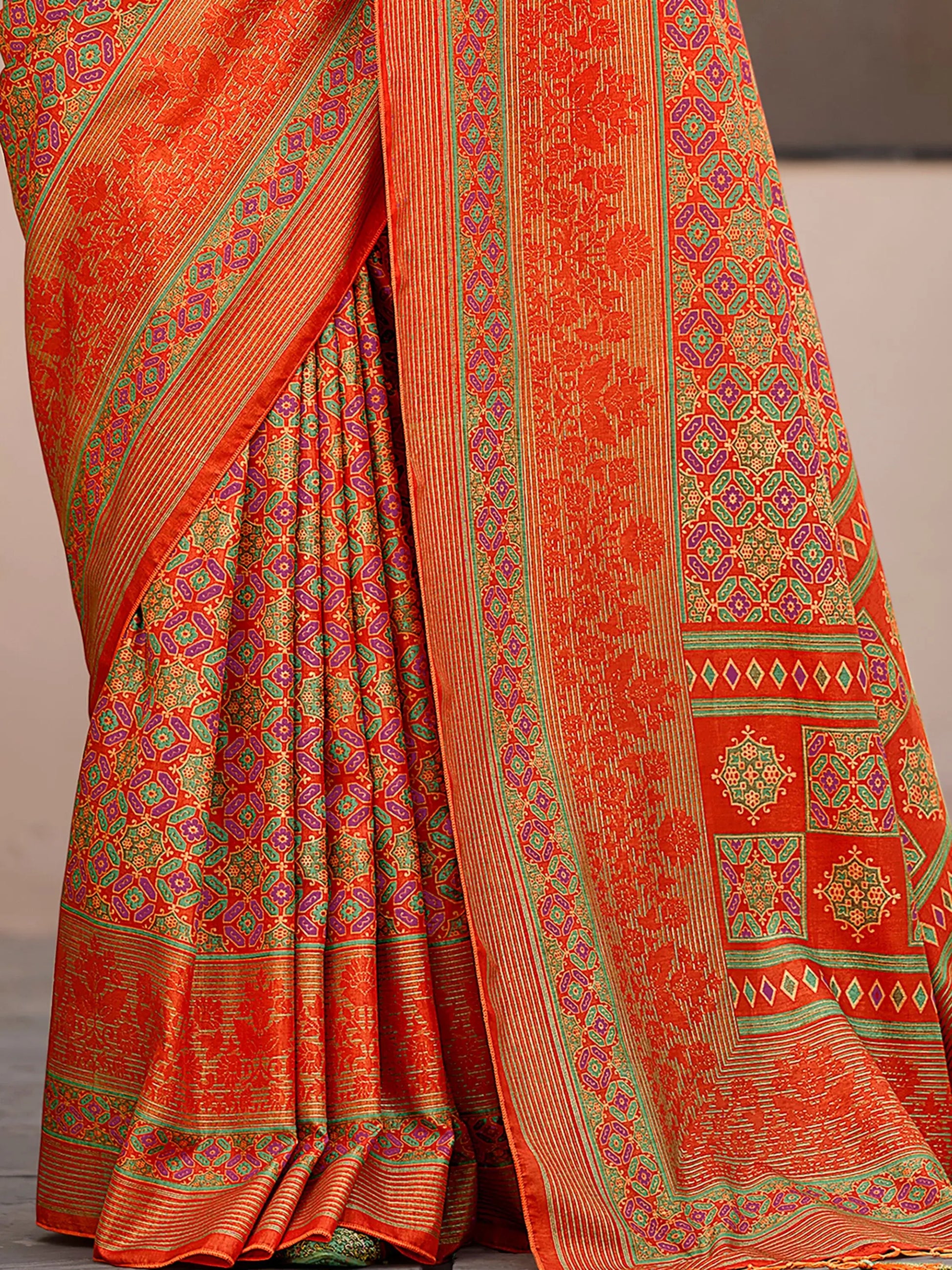 Stunning Orange Digital Printed Silk Festival Wear Saree With Blouse - Zeel Clothing