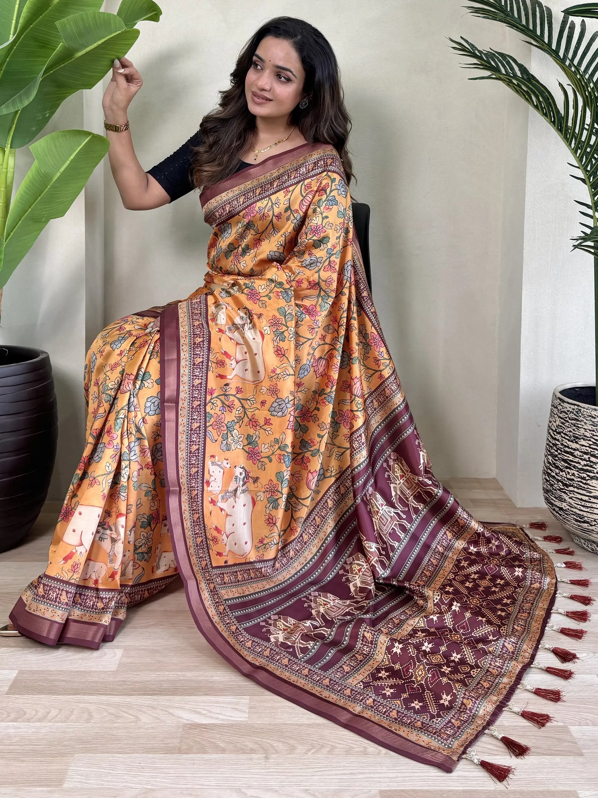 Stunning Orange Pichwai Printed Viscose Silk Office Wear Saree - Zeel Clothing