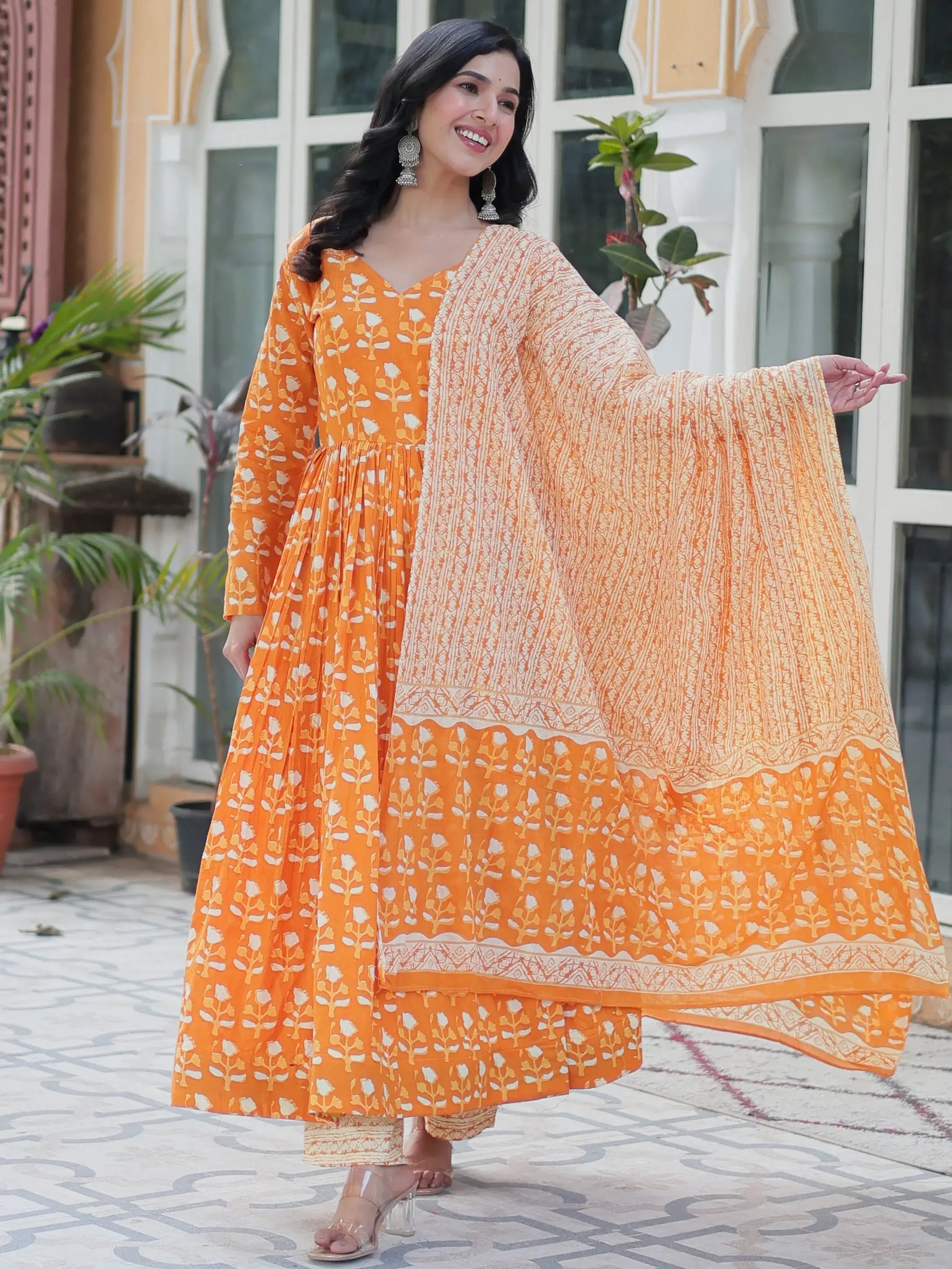 Stunning Orange Printed Cotton Summer Special Anarkali Suit With Dupatta - Zeel Clothing
