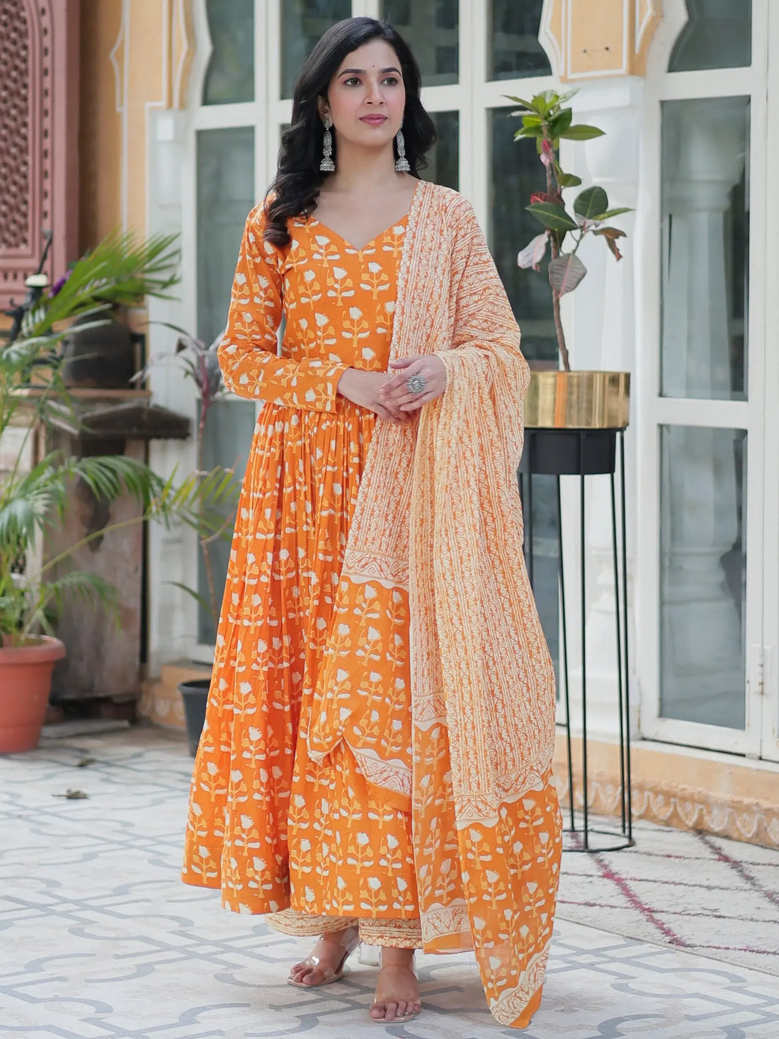 Stunning Orange Printed Cotton Summer Special Anarkali Suit With Dupatta - Zeel Clothing