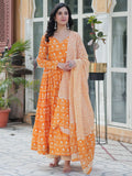Stunning Orange Printed Cotton Summer Special Anarkali Suit With Dupatta - Zeel Clothing