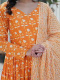 Stunning Orange Printed Cotton Summer Special Anarkali Suit With Dupatta - Zeel Clothing