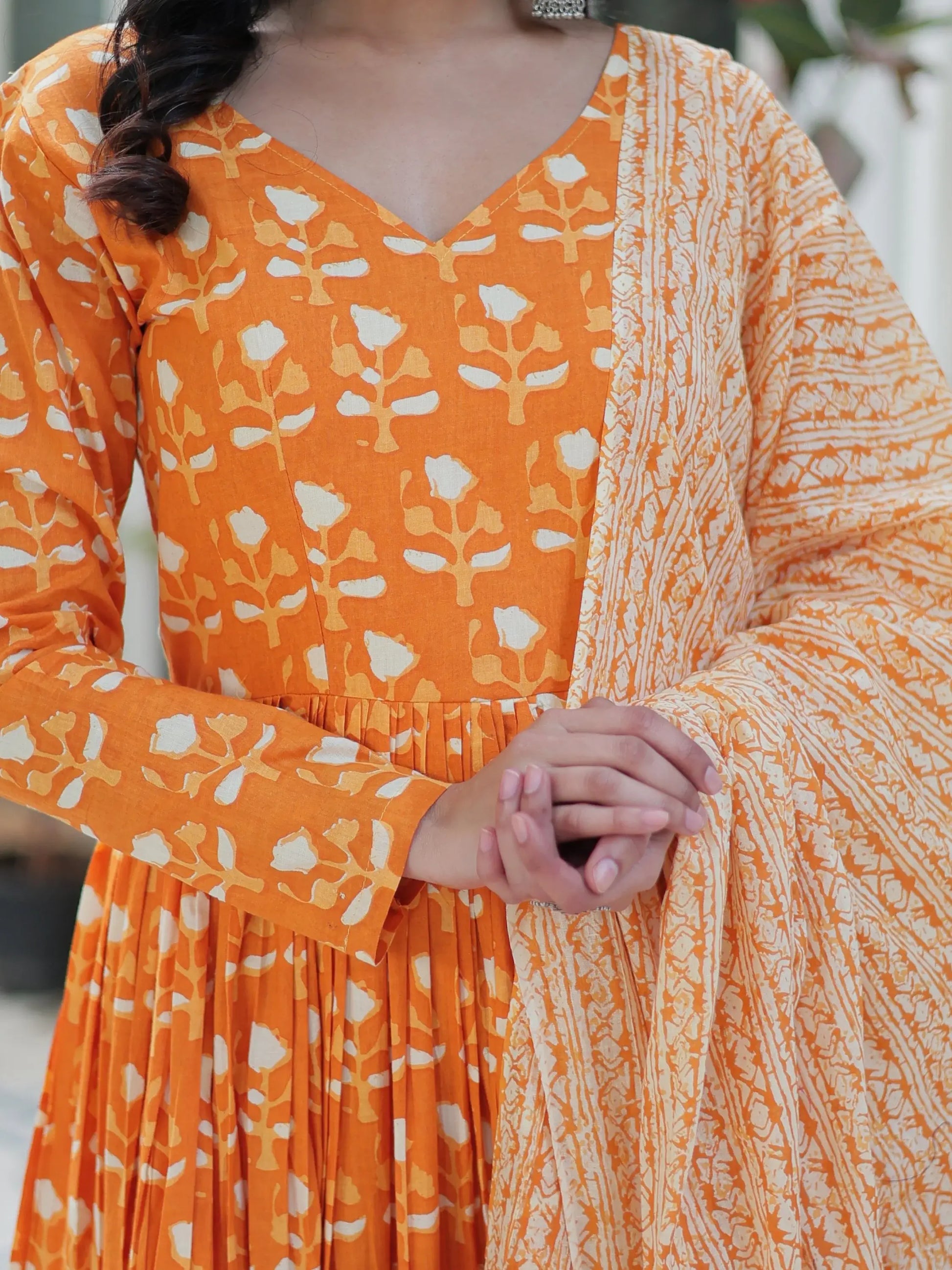 Stunning Orange Printed Cotton Summer Special Anarkali Suit With Dupatta - Zeel Clothing