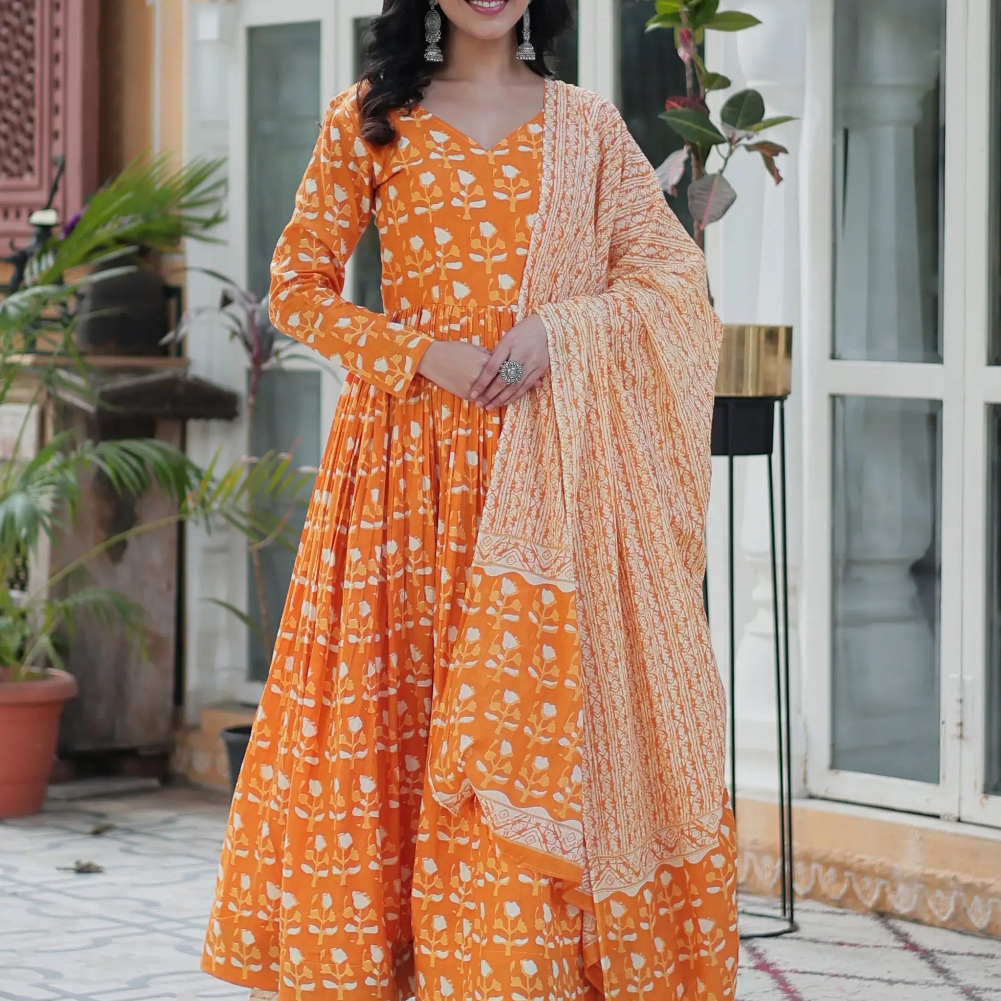 Stunning Orange Printed Cotton Summer Special Anarkali Suit With Dupatta - Zeel Clothing