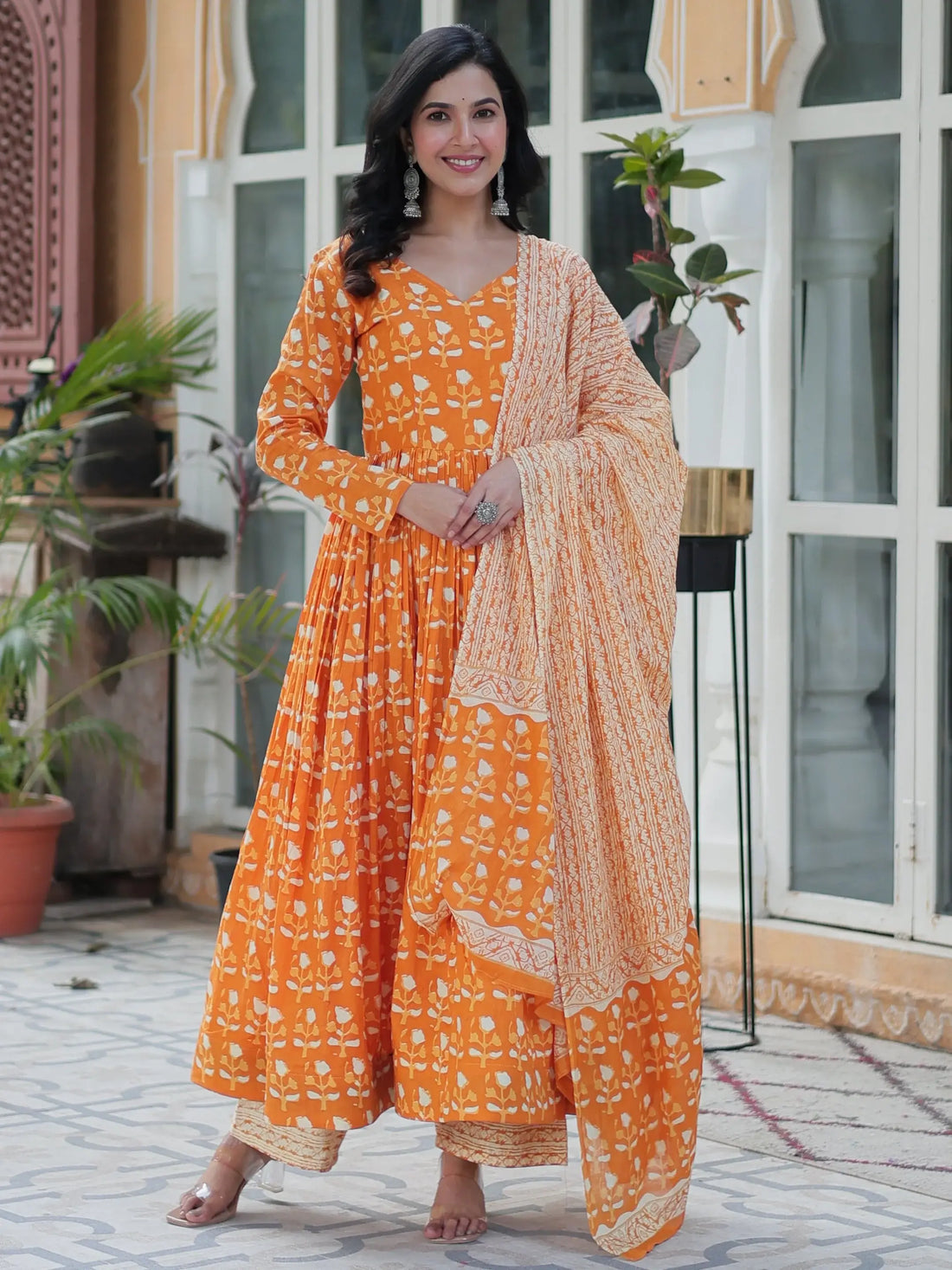 Stunning Orange Printed Cotton Summer Special Anarkali Suit With Dupatta - Zeel Clothing