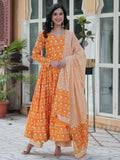 Stunning Orange Printed Cotton Summer Special Anarkali Suit With Dupatta - Zeel Clothing
