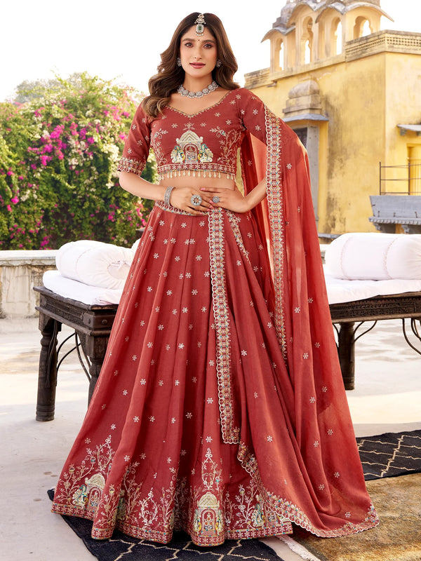 Stunning Orange Sequins Embroidered Silk Evening Wear Lehenga Choli With Dupatta