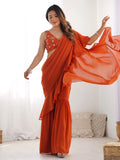 Stunning Orange Sequins Embroidery Georgette Ready To Wear Sharara Saree - Zeel Clothing