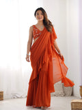Stunning Orange Sequins Embroidery Georgette Ready To Wear Sharara Saree - Zeel Clothing