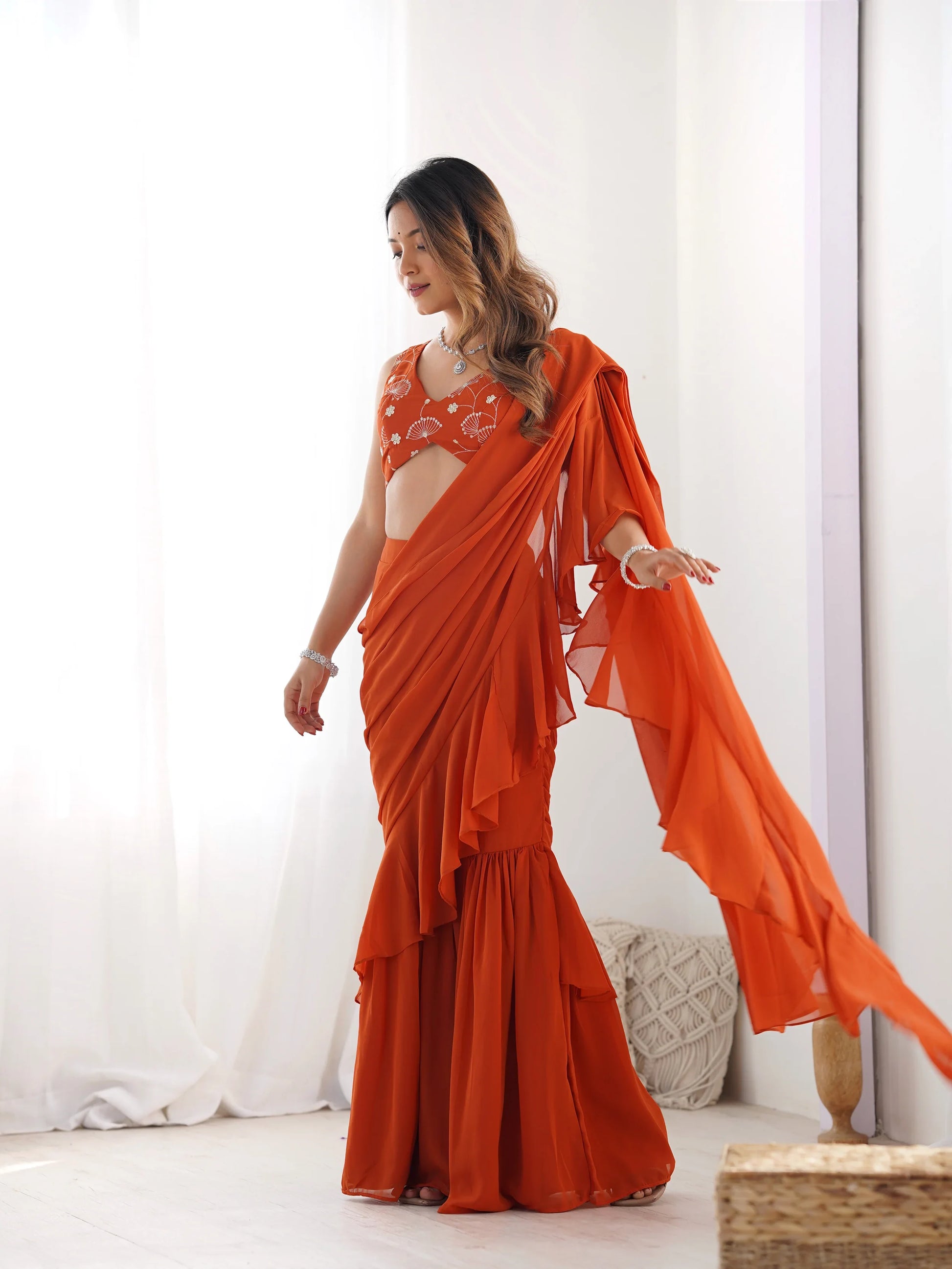 Stunning Orange Sequins Embroidery Georgette Ready To Wear Sharara Saree - Zeel Clothing