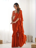 Stunning Orange Sequins Embroidery Georgette Ready To Wear Sharara Saree - Zeel Clothing