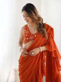 Stunning Orange Sequins Embroidery Georgette Ready To Wear Sharara Saree - Zeel Clothing
