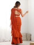Stunning Orange Sequins Embroidery Georgette Ready To Wear Sharara Saree - Zeel Clothing