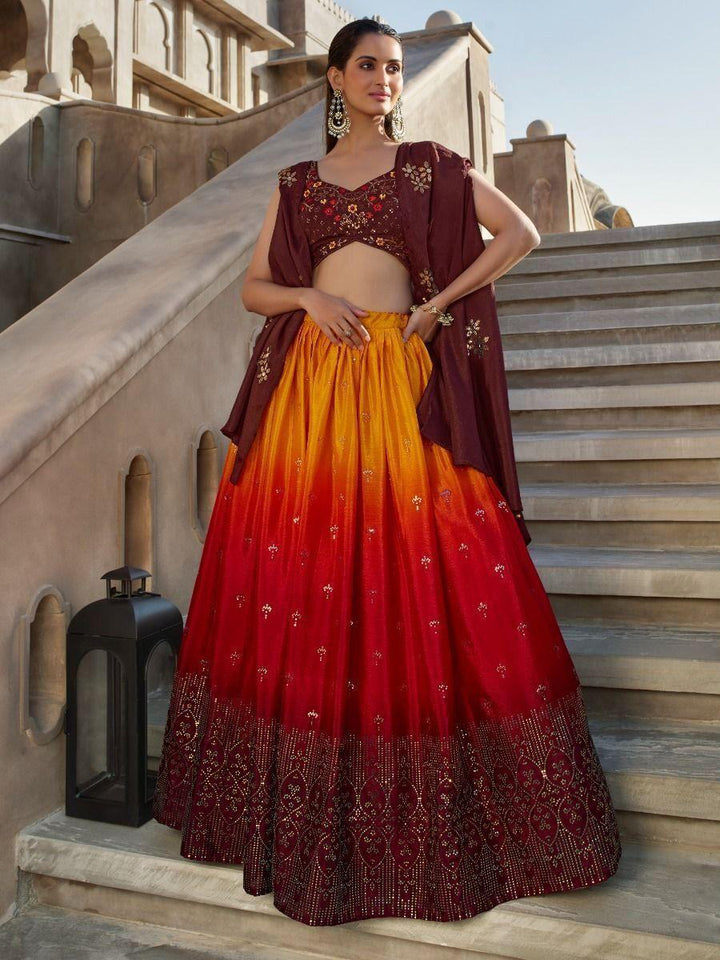 Stunning Orange Wine Mirror Work Georgette Wedding Lehenga Choli