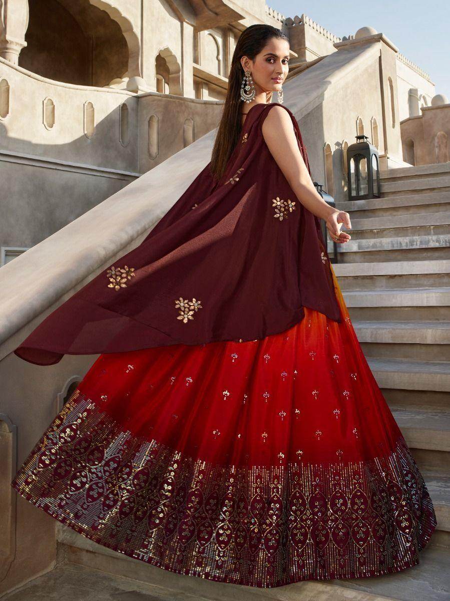 Stunning Orange Wine Mirror Work Georgette Wedding Lehenga Choli - Zeel Clothing