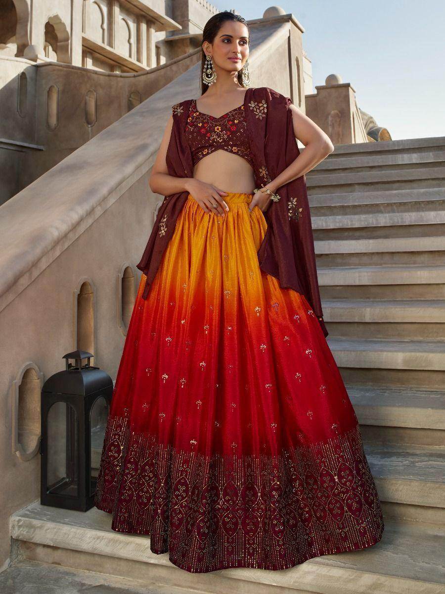 Stunning Orange Wine Mirror Work Georgette Wedding Lehenga Choli - Zeel Clothing