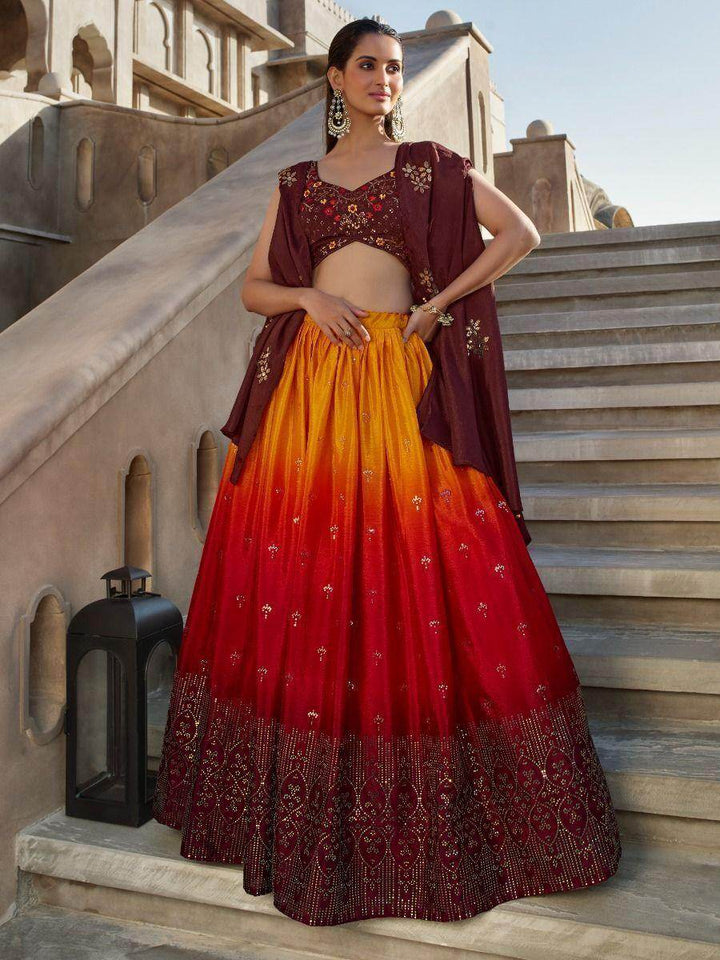 Stunning Orange Wine Mirror Work Georgette Wedding Lehenga Choli - Zeel Clothing