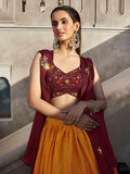 Stunning Orange Wine Mirror Work Georgette Wedding Lehenga Choli - Zeel Clothing