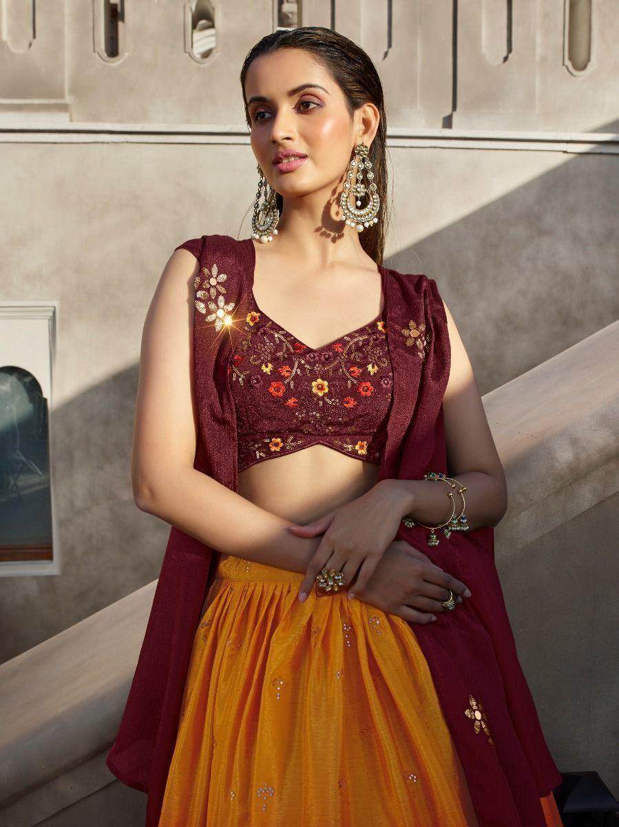 Stunning Orange Wine Mirror Work Georgette Wedding Lehenga Choli - Zeel Clothing
