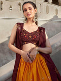 Stunning Orange Wine Mirror Work Georgette Wedding Lehenga Choli - Zeel Clothing