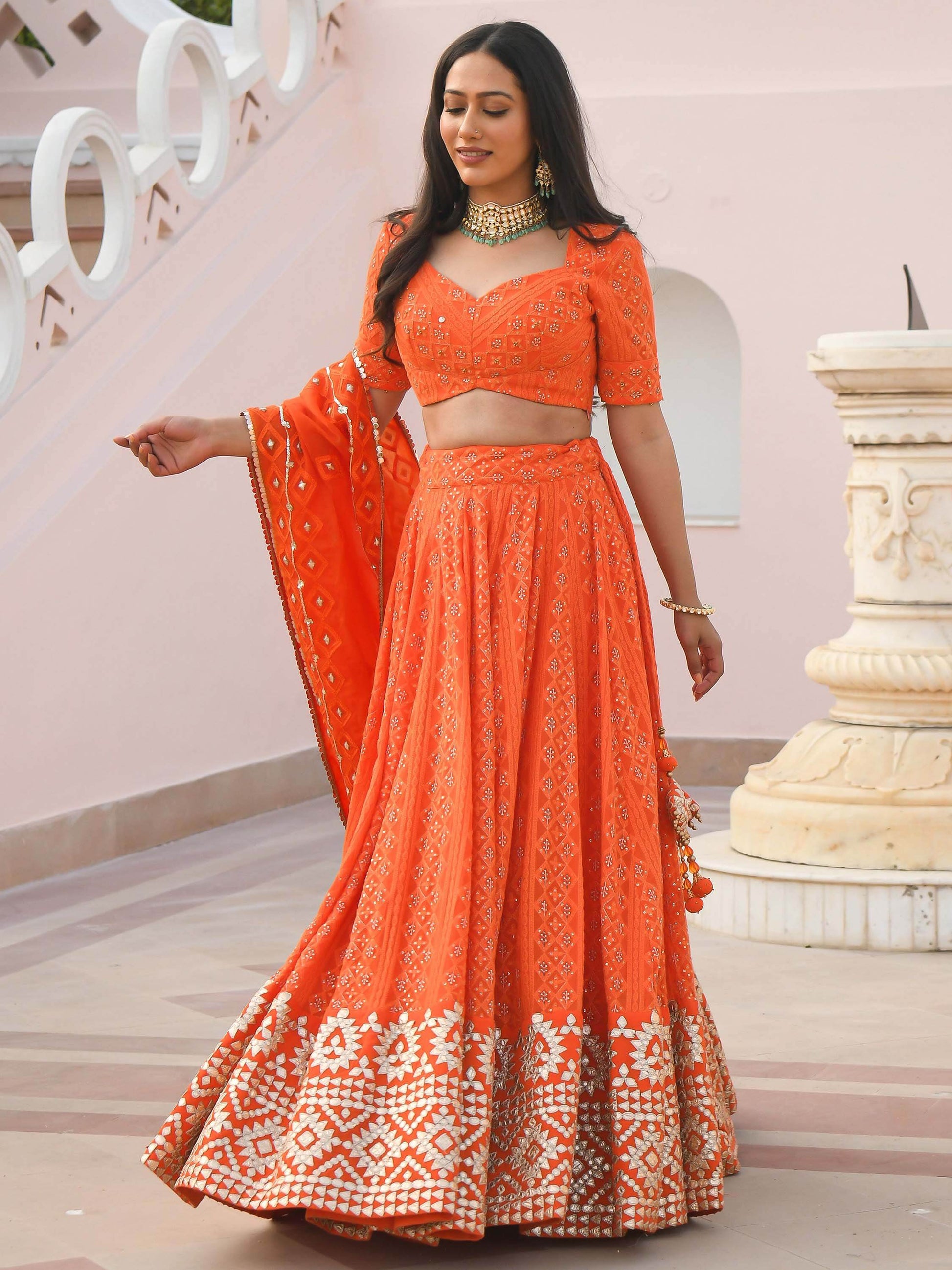 Stunning Orange Zari Embroidered Wedding Lehenga Choli With Dupatta - Zeel Clothing