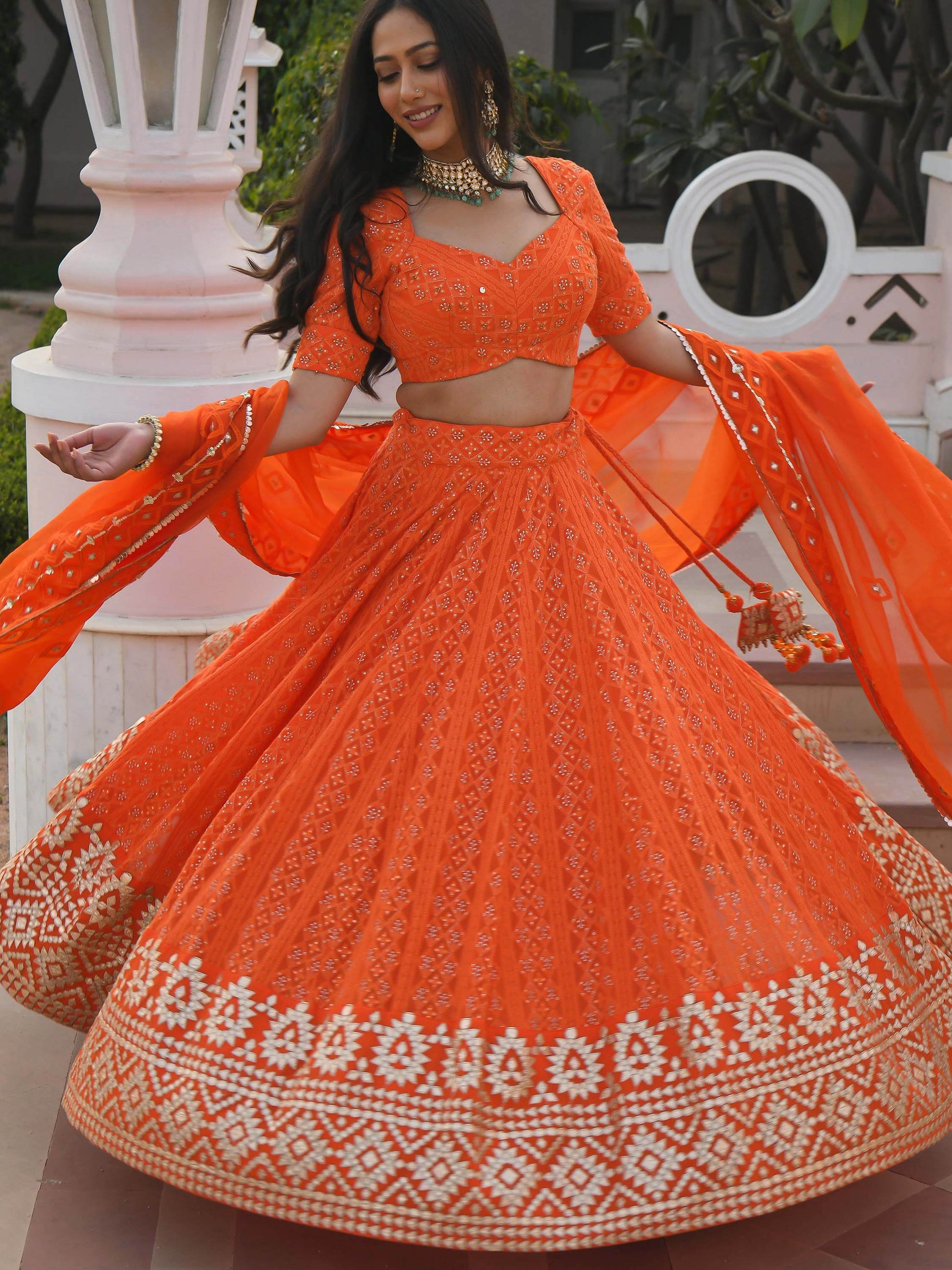 Stunning Orange Zari Embroidered Wedding Lehenga Choli With Dupatta - Zeel Clothing