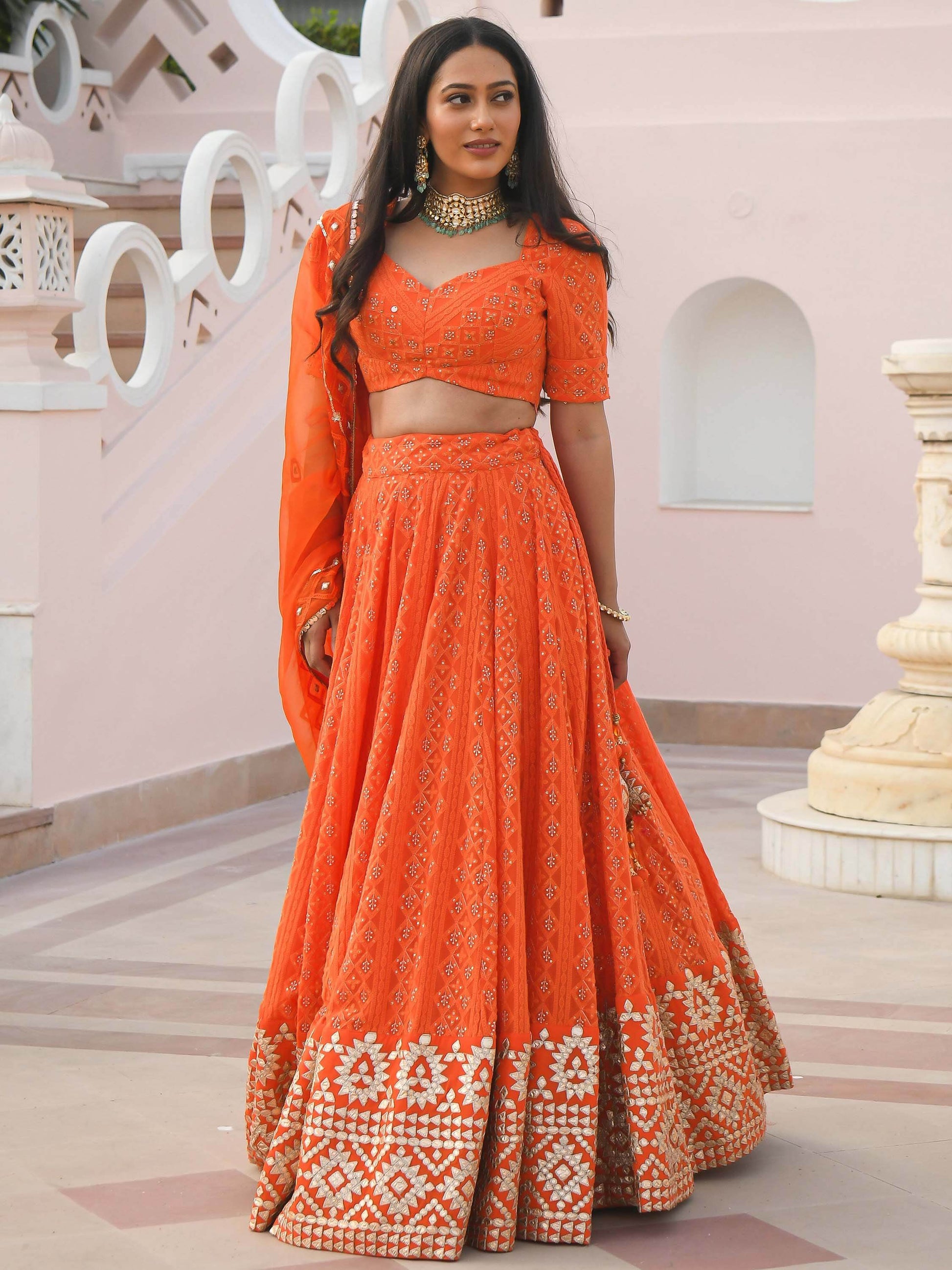 Stunning Orange Zari Embroidered Wedding Lehenga Choli With Dupatta - Zeel Clothing