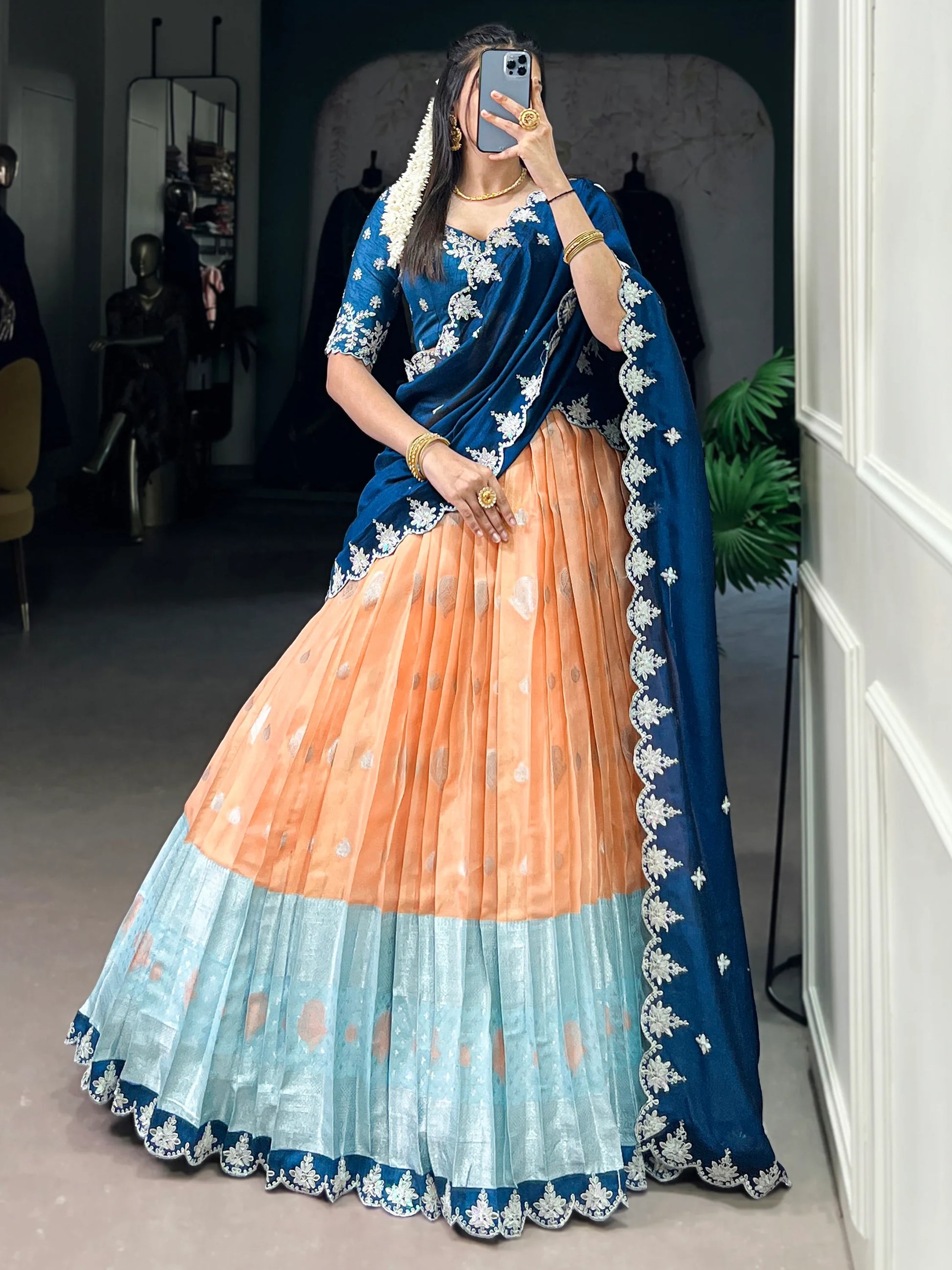 Stunning Orange Zari Weaving Silk Traditional Half Saree Lehenga - Zeel Clothing