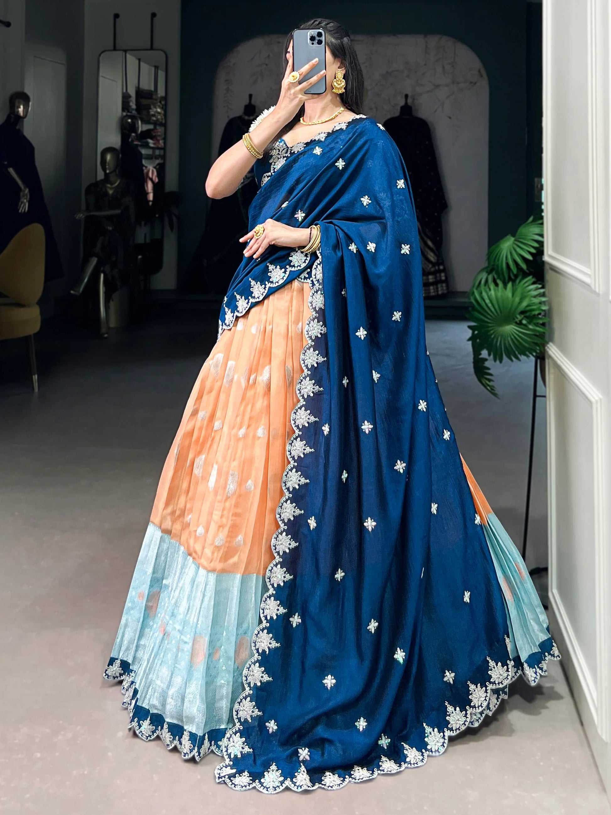 Stunning Orange Zari Weaving Silk Traditional Half Saree Lehenga - Zeel Clothing