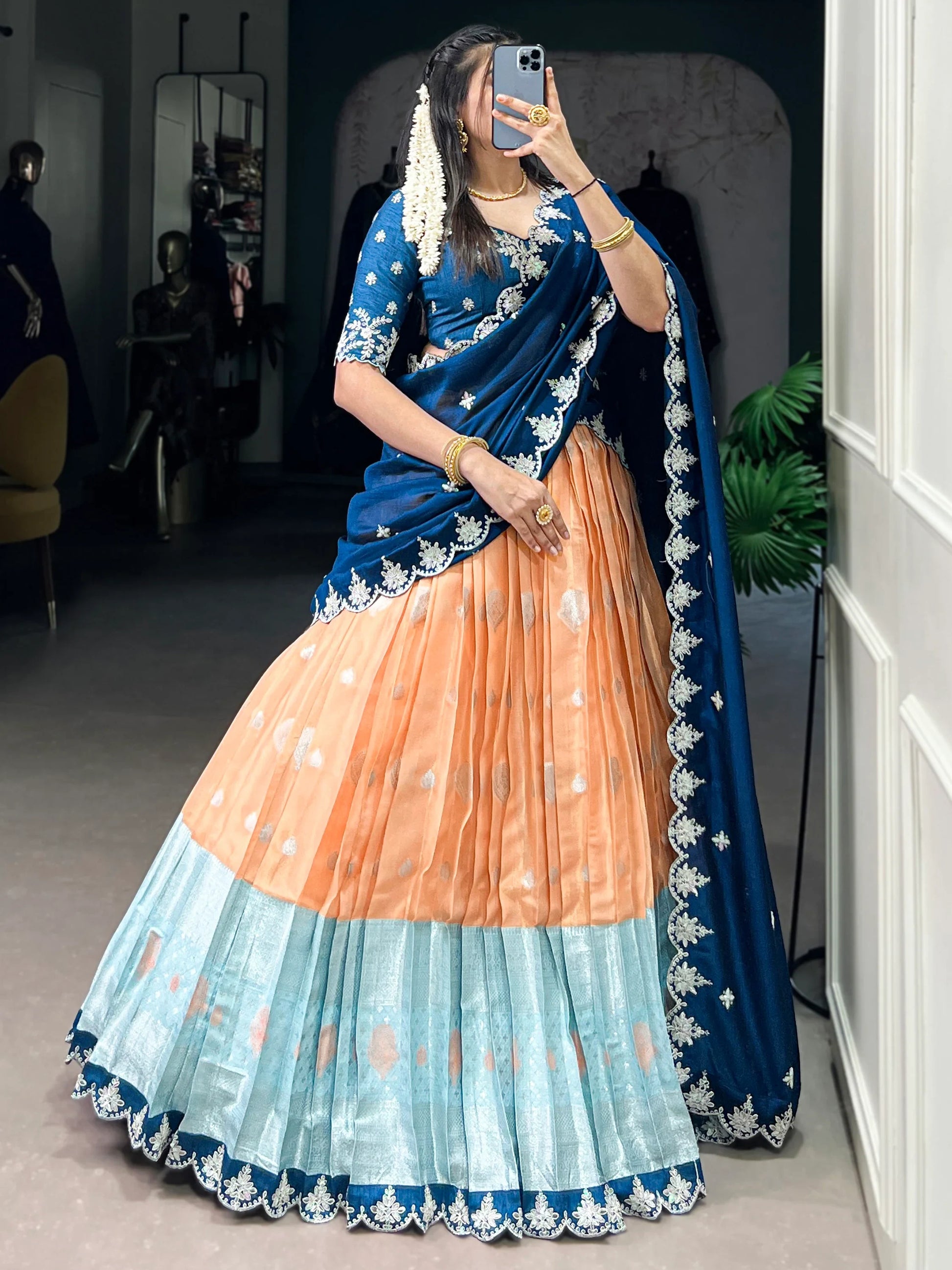 Stunning Orange Zari Weaving Silk Traditional Half Saree Lehenga - Zeel Clothing