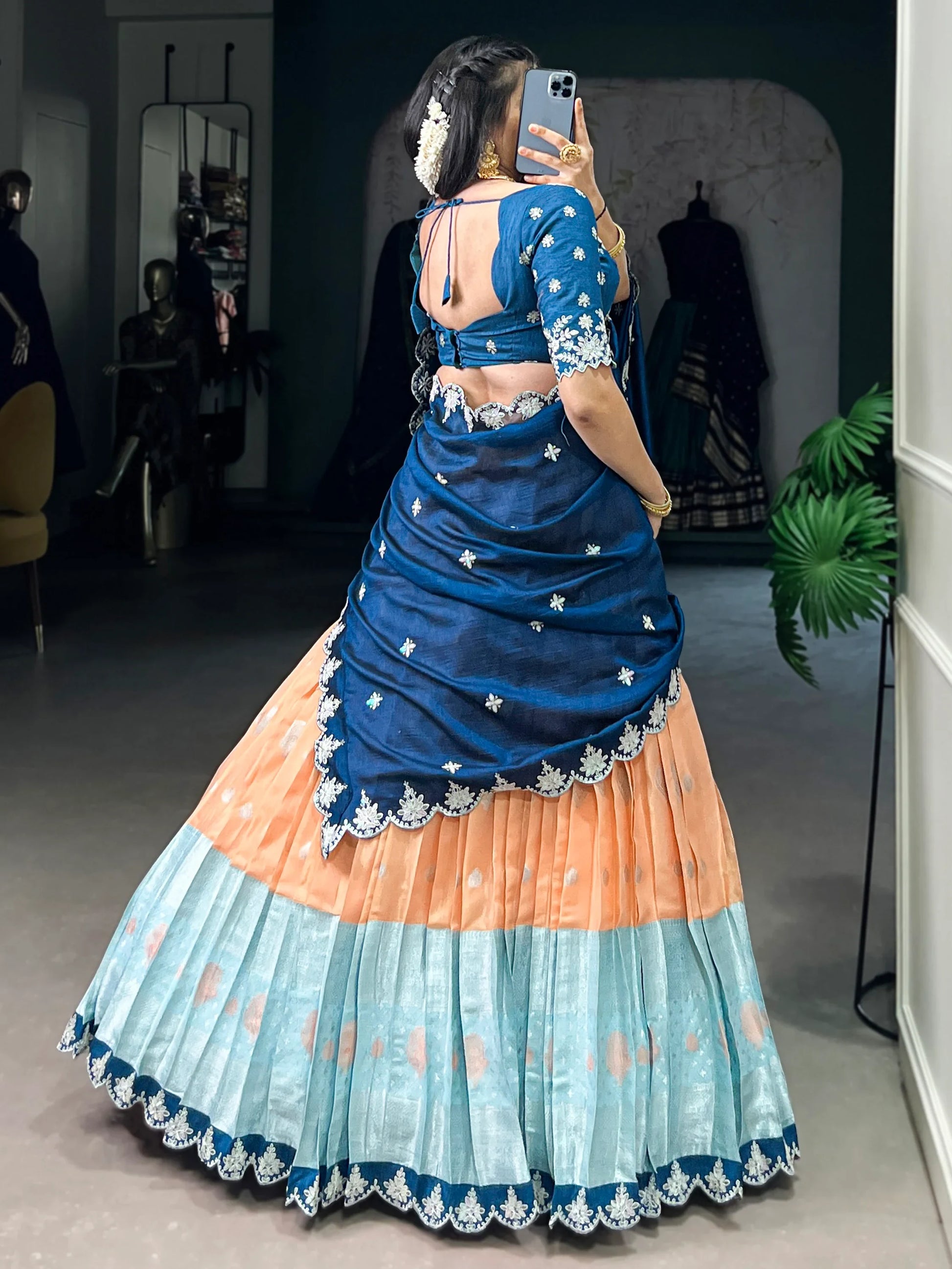 Stunning Orange Zari Weaving Silk Traditional Half Saree Lehenga - Zeel Clothing