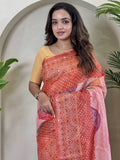 Stunning Peach Bandhni Printed Tissue Silk Saree With Yellow Blouse - Zeel Clothing