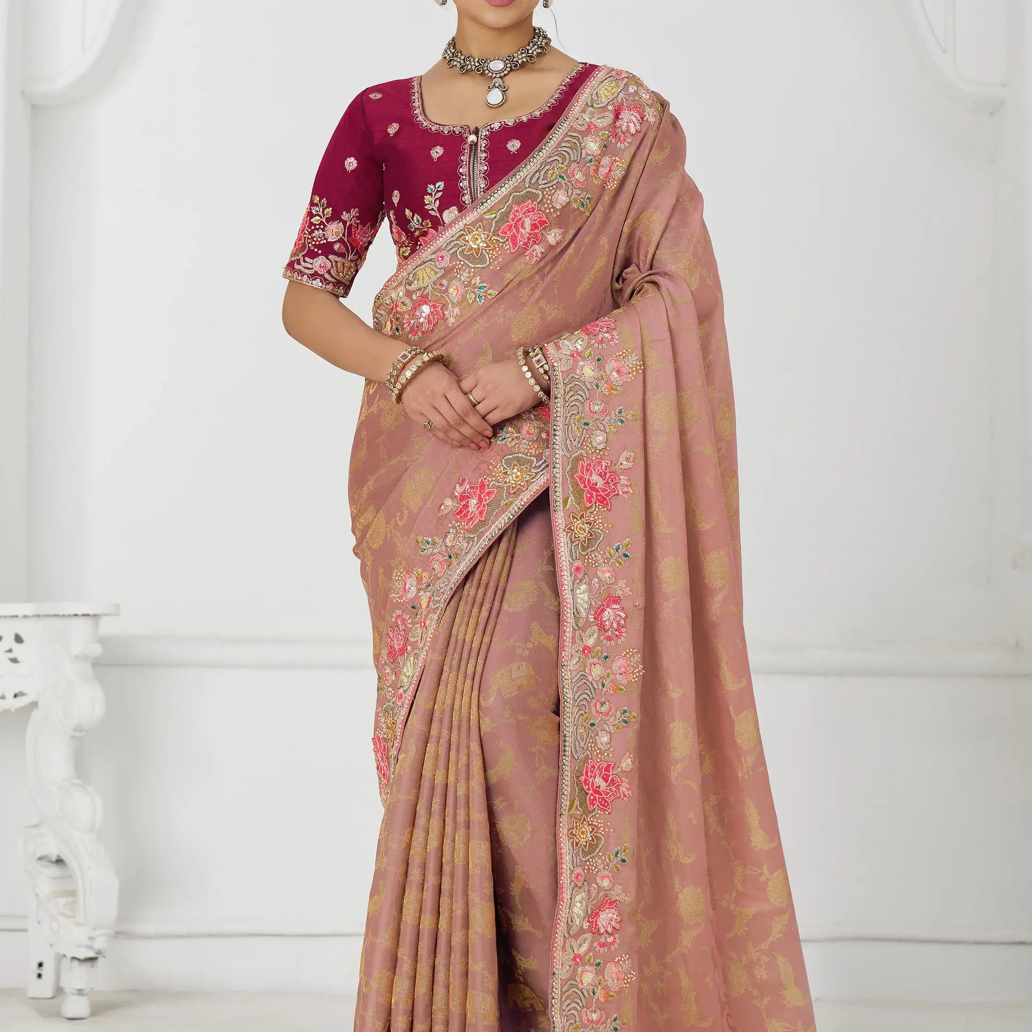 Stunning Peach Multi-Thread Work Dola Silk Traditional Saree With Blouse - Zeel Clothing