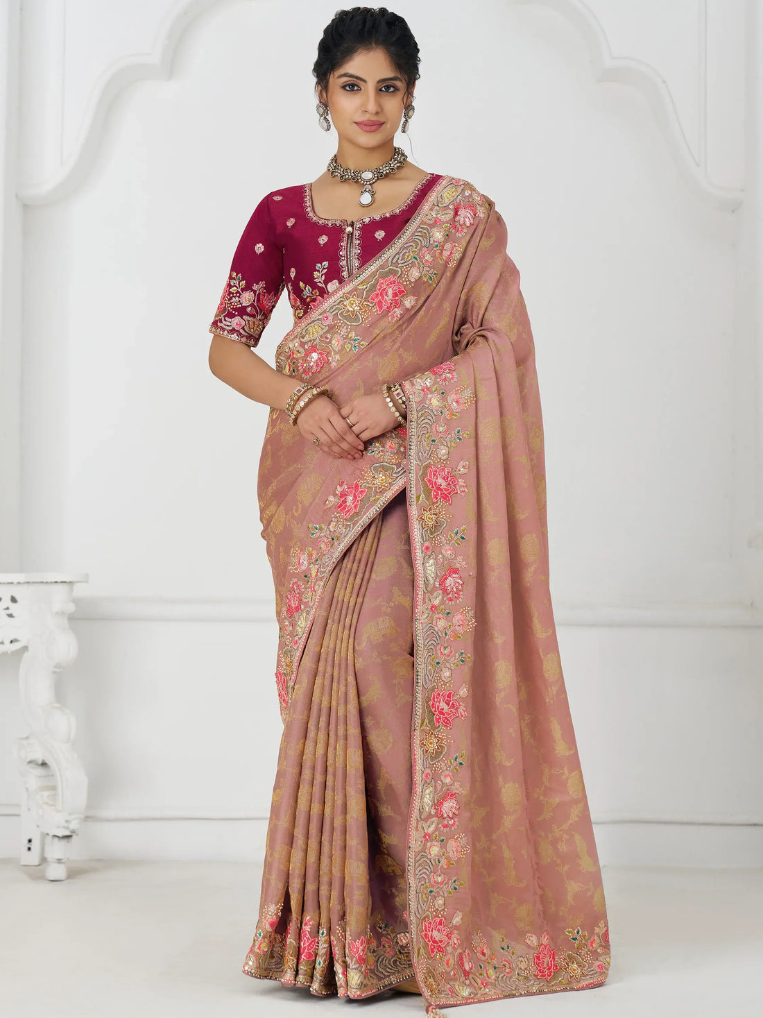 Stunning Peach Multi-Thread Work Dola Silk Traditional Saree With Blouse - Zeel Clothing