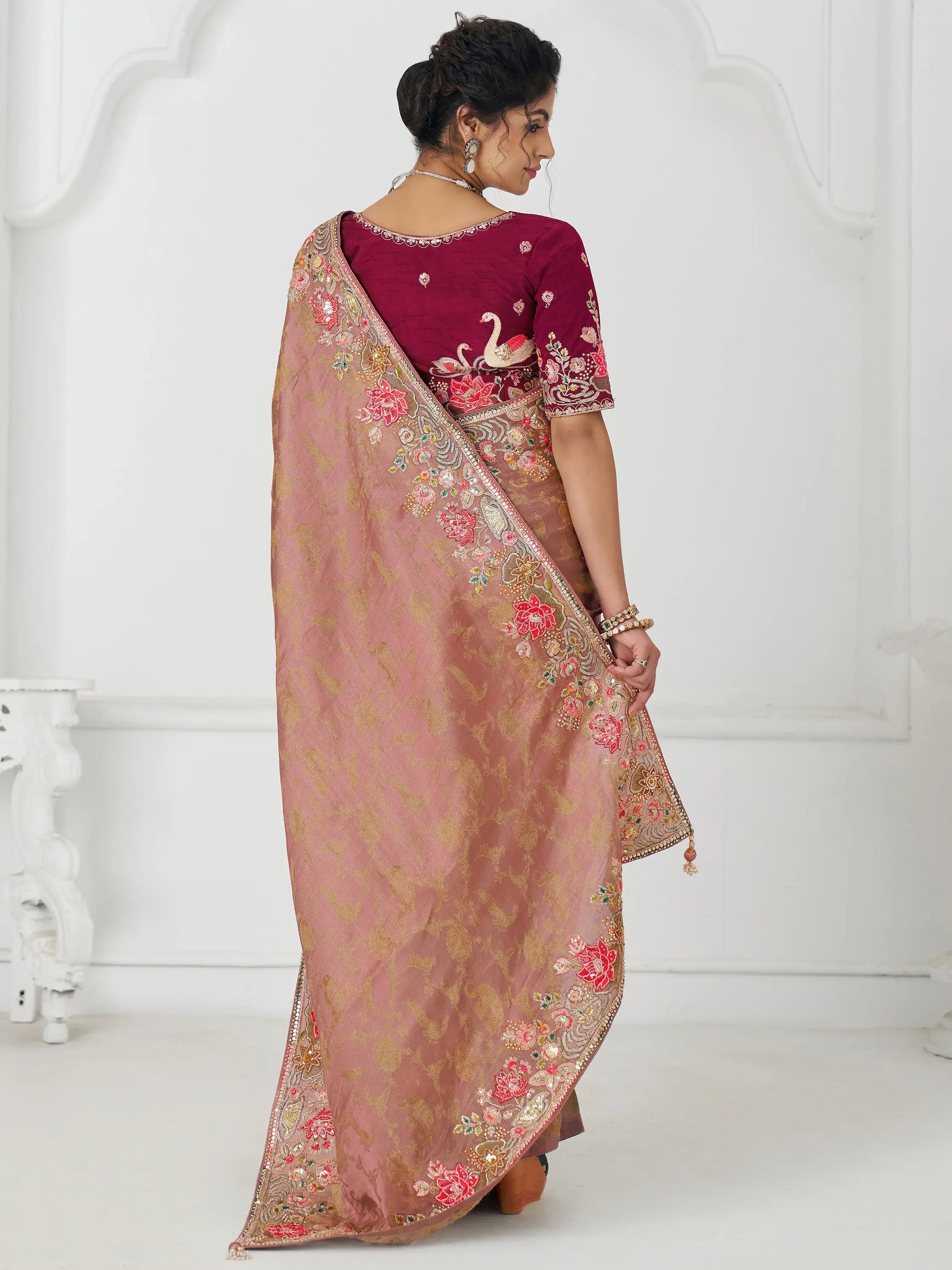 Stunning Peach Multi-Thread Work Dola Silk Traditional Saree With Blouse - Zeel Clothing
