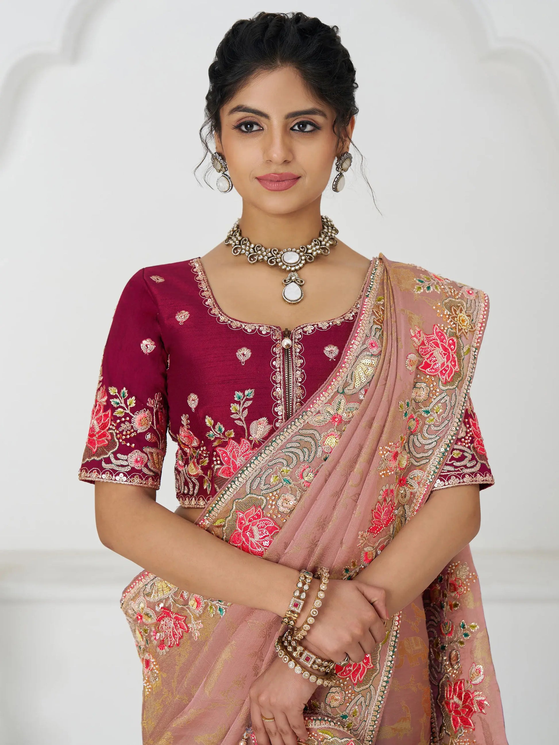 Stunning Peach Multi-Thread Work Dola Silk Traditional Saree With Blouse - Zeel Clothing