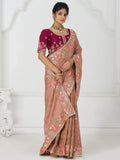 Stunning Peach Multi-Thread Work Dola Silk Traditional Saree With Blouse - Zeel Clothing