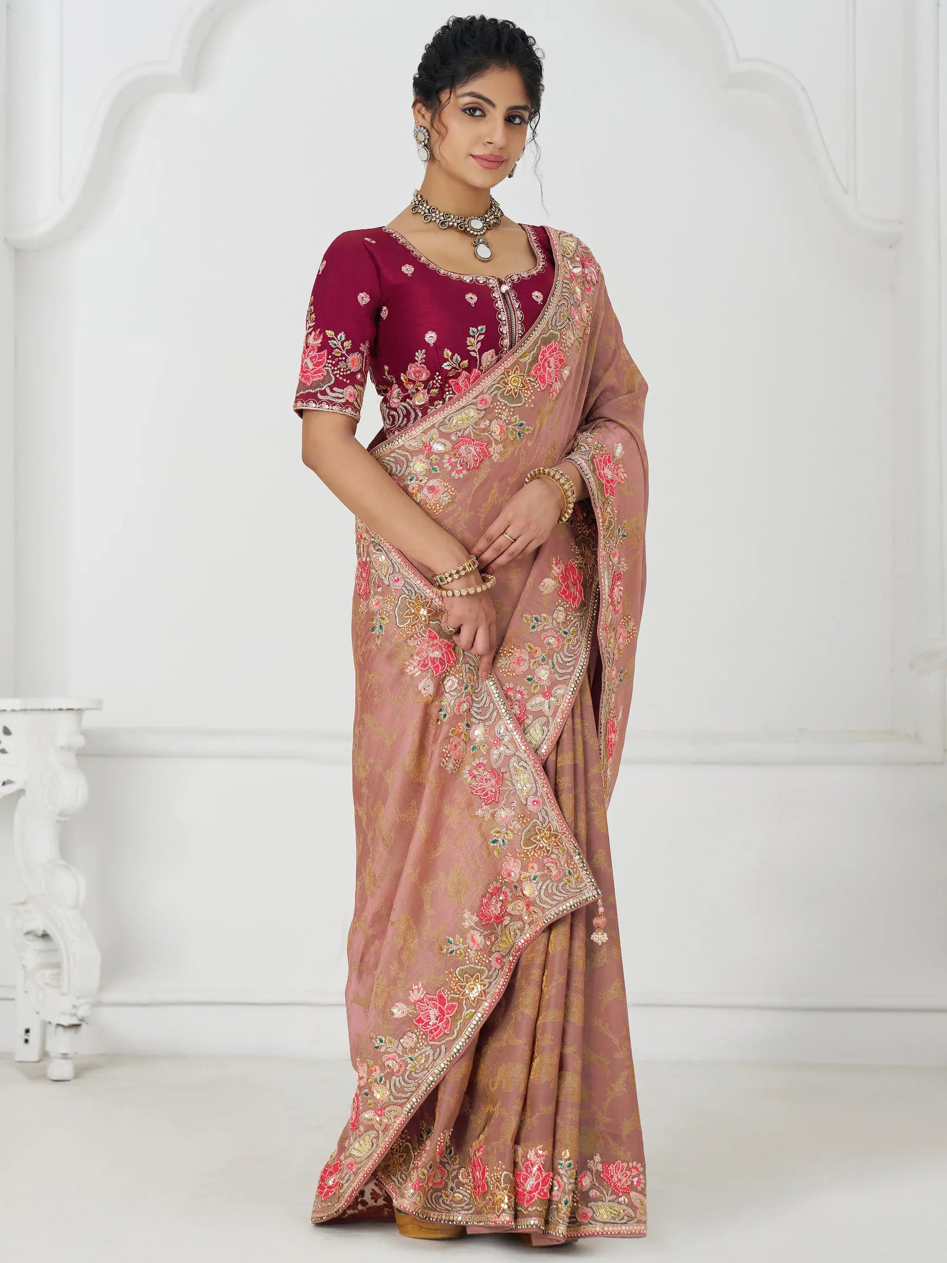 Stunning Peach Multi-Thread Work Dola Silk Traditional Saree With Blouse - Zeel Clothing