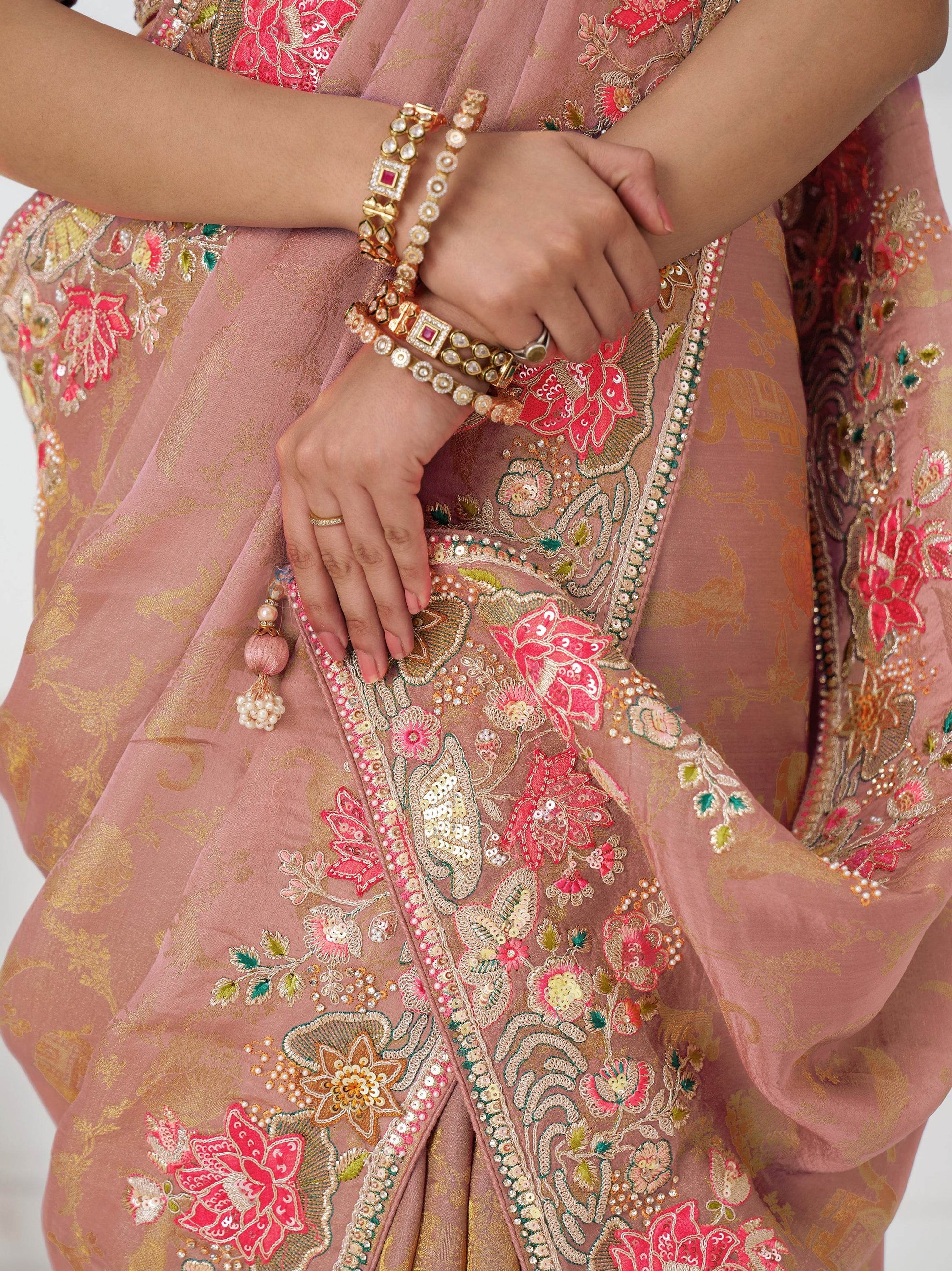 Stunning Peach Multi-Thread Work Dola Silk Traditional Saree With Blouse - Zeel Clothing