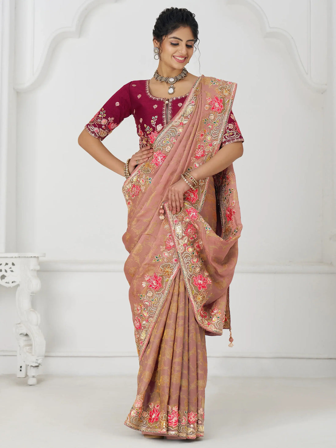 Stunning Peach Multi-Thread Work Dola Silk Traditional Saree With Blouse - Zeel Clothing